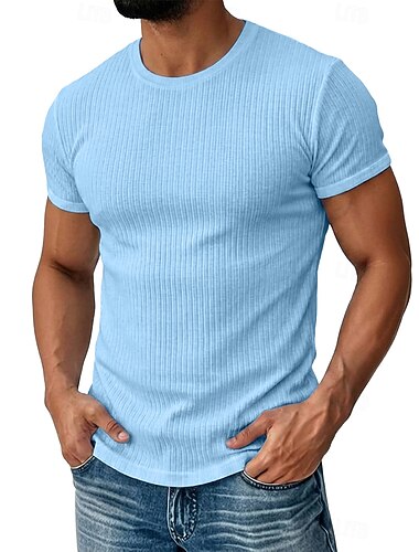  Herren T Shirt Geripptes Strick-T-Shirt T-Shirt Kurze Ärmel Rundhalsausschnitt Sommer Einfach Grubenstreifen Mode Designer Basic Rein Lässig Urlaub Straße Blau Weiß Gelb Top T-Shirt für Herren