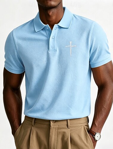  Per uomo Croce 100% cotone Polo ricamata Manica Corta Magliette polo Camicie con Colletto Business Casual Affari Athleisure Abbigliamento quotidiano Ricamato Bottoni Traspirazione umidità Primavera