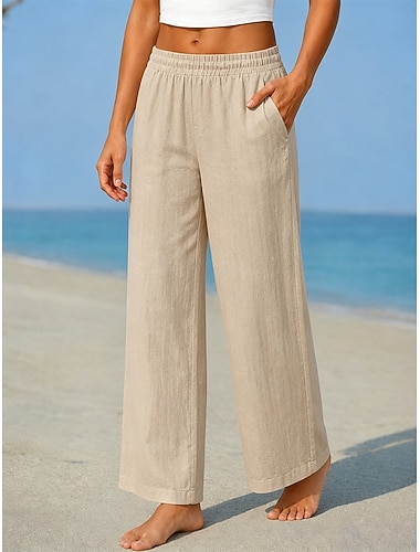 Dames linnen broek met wijde pijpen, chino, casual broek, elegant, lange broek, hoge taille, effen, comfortabel, niet-elastisch, vakantie, formeel, zomer, lente, herfst, losse pasvorm