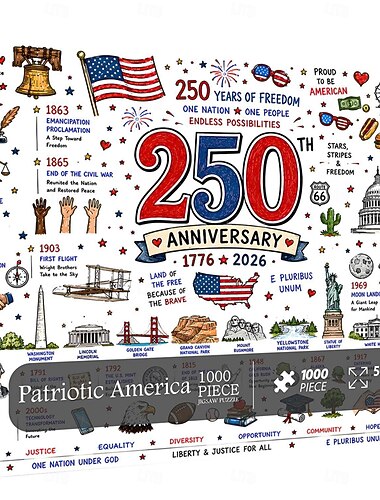 Patriotisches Amerika-Puzzle mit 1000 Teilen, Puzzle zum 250. Jahrestag für Erwachsene, patriotisches Puzzle mit Flagge, Adler, Freiheitsstatue und Freiheitssymbolen, lehrreiches Geschichtspuzzle