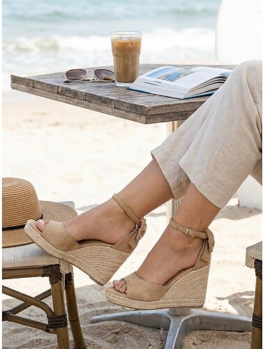  Espadrille-Sandalen für Damen – beige Wildleder-Plateausandalen mit Knöchelriemen und offener Zehenpartie, ideal für Strandurlaub, Kreuzfahrten in den Tropen und Poolpartys