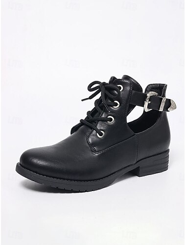  Zwarte dames combat boots met uitgesneden details en lage hak – veterlaarsjes met verstelbare gesp aan de zijkant en een duurzame antislipzool, ideaal voor op reis en casual gebruik.
