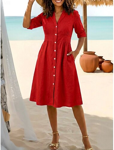  Femmes Robe Longueur Genou Robes en coton et lin Robe Chemise Élégant Vacances Classique Quotidien Bureau Vacances Coupe régulière Uni manche longue Col en V Rouge bleu marine Orange Été Printemps