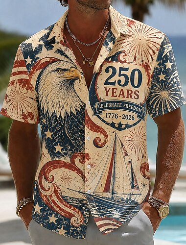  4 luglio 2026 250° Per uomo Aquila Bandiera Americana Camicia Camicia Estiva Camicia con Bottoni Manica Corta Patriotico All'aperto Festival Estate Primavera Collo ripiegato Stampa 3D camicie con