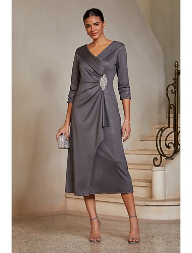  Femmes Ligne A Robe de Cocktail Robe d'invité de mariage Longueur thé Col portrait Col en V Manche 3/4 Élégant robe demoiselle d honneur avec Paillettes Strass Détail de taille orné