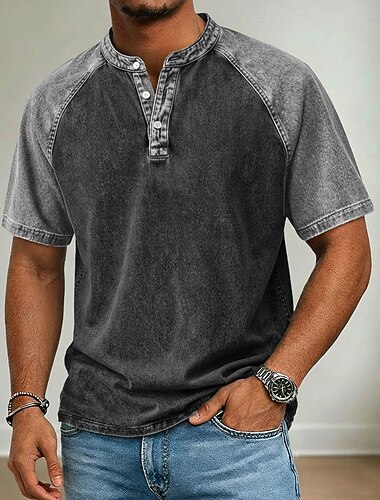 Pánská henley košile bavlněná košile s krátkým rukávem, barevné bloky, patchwork, seprané, retro vintage, ležérní henley košile, patchwork, vintage styl, barevné bloky, henley, ležérní léto, jaro, celá roční období, černá
