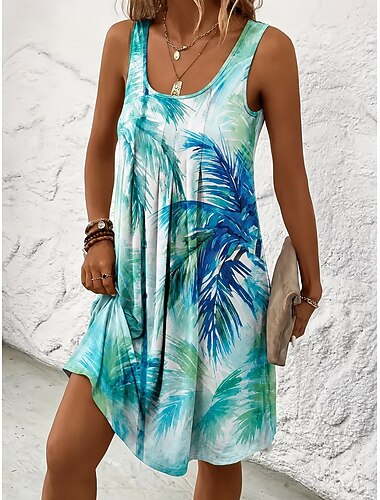 Damen Minikleid A Linie Kleid Urlaub Lässig Strand Normale Passform Grafik Tropisch Ärmellos U-Ausschnitt Blau Purpur Grün Sommer Frühling