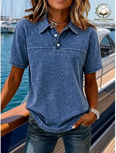  softfade™ dames henley shirt van 100% katoen, acid wash, vintage poloshirt, vintage shirt met korte mouwen, kraag, casual strandblauw, paarsgroen