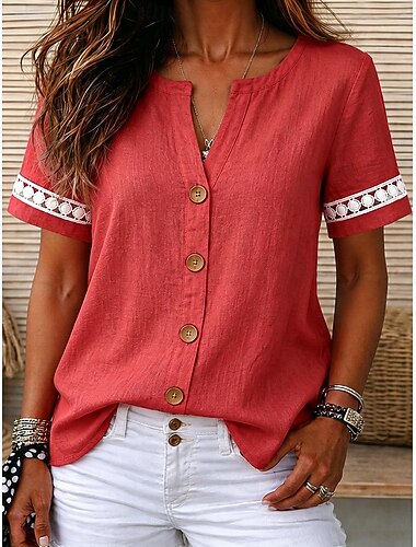  Mulheres Camisas de algodão e linho Textura Renda Contraste Renda Vintage Manga Curta Decote V Tops regulares Casual Coral Vermelho Azul denim Branco Verão Primavera