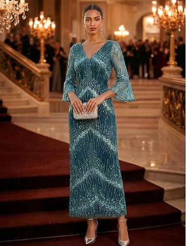  Schlauchkleid Knöchellänge Cocktailkleider Elegant Glitzernd Glitzern Dreiviertelarm V Ausschnitt Abendgesellschaft Hochzeit Tüll Spandex Satin Chiffon mit Glitzer Paillette Perlenbestickt