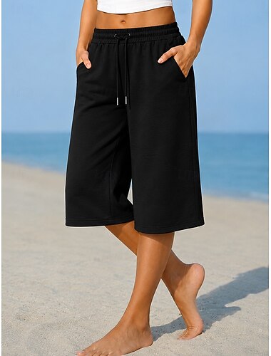  Damen Capri-Shorts Bermudashorts Chinos Shorts Urlaub Mode Streetwear Knielang Hohe Taille Einfach Kordelzug Tasche Elastischer Bund Komfort Atmungsaktivität Bequem Mikroelastisch Dehnbar Täglich