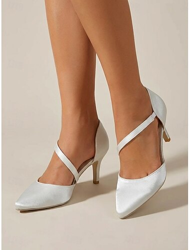  Décolleté da donna in raso bianco con tacco alto - eleganti décolleté d'Orsay a punta con cinturino incrociato per cocktail party & nozze