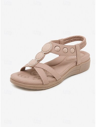  Damessandalen met strasssteentjes, voetboogondersteuning en T-bandje – comfortabele wandelsandalen met elastische hielband en gedempt voetbed, lichtgewicht open teenschoenen voor de zomer, ideaal voor