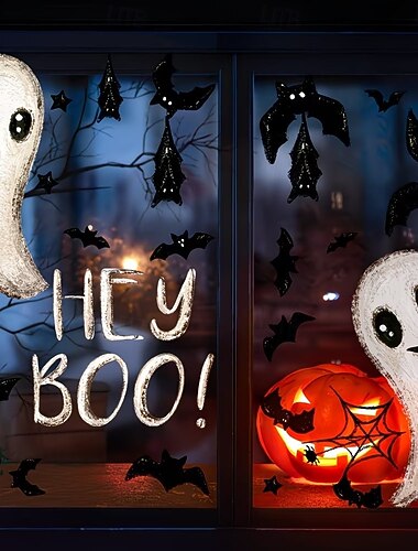  6 vellen Halloween raamstickers, herbruikbare vleermuis- en spookstickers voor ramen, deuren en glazen oppervlakken, griezelige feestdecoratie voor thuis, Halloween accessoires
