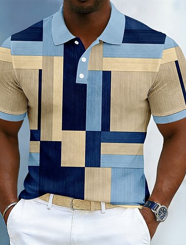  Voor heren Kleurenblok Meetkundig Poloshirts Korte mouw Poloshirt Overhemden met kraag Casual Sportkleding 3D-afdrukken Knop Ademend gaas Zomer Lente blauw Blozend Roze Bruin