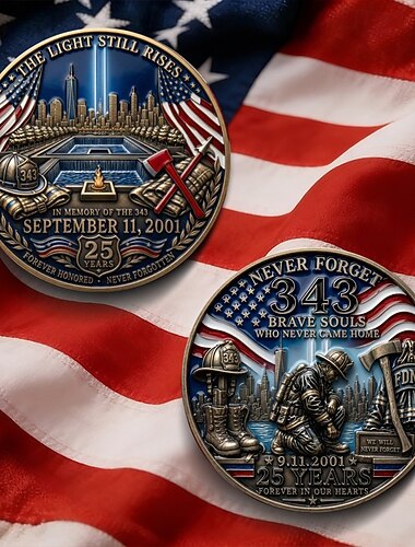  343 "Glem aldri"-mynt til 25-årsjubileum, 9/11-minneutfordringsmynt, FDNY 343-minnemynt til brannmannsminne, samlergave til hyllest til 11. september 2001