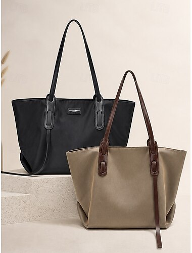  Bolso tote grande minimalista para mujer, bolso de hombro tipo patchwork de tela oxford y piel sintética, bolso de mano informal de gran capacidad para el trabajo y el día a día, colores negro y