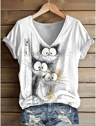  Dames T-shirt Afdrukken Grafisch dier Kat Vintage Stijlvol Klassiek Korte mouw V-hals Normale tops Casual Dagelijks Weekend Wit Zomer Lente