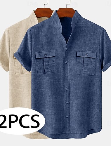  Masculino Camisa de linho camisa de verão Camisa de colarinho de banda camisa de botão Tecido Casual Férias Khaki + Preto Verde+Caqui Azul+Caqui Cáqui+Azul marinho Manga Curta Colarinho Chinês Verão