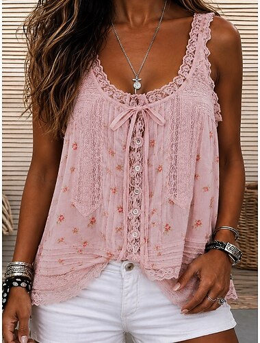  Damen Oberteil mit Spitzenspleiß Sommeroberteile Cami Top Jacquard Vorderknoten Spitzenbesatz Einfarbig Blumen Elegant Bohemien Aktiv Ärmellos V Ausschnitt Lange Oberteile Lässig Rosa Braun Grün