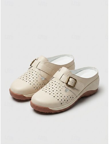  Beige, komfortable kileformede mulesko til dame – pustende, perforerte slip-on-tresko med justerbar spenne, sklisikker yttersåle og komfort hele dagen for turgåing, reiser og hverdagsbruk