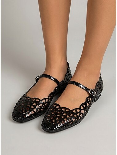  ballerine Mary Jane da donna in similpelle con ritagli - scarpe da ballo nere con punta quadrata e traforata per le vacanze estive al mare e i viaggi &resort