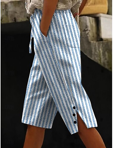  Damen Shorts aus Baumwollleinen Caprihose Weites Bein Chinos Urlaub Vintage Küsten-Oma-Stil Wadenlang Mittlere Taille Grafik Gestreift Abstrakt Druck Komfort Bequem Unelastisch Täglich Outdoor Urlaub