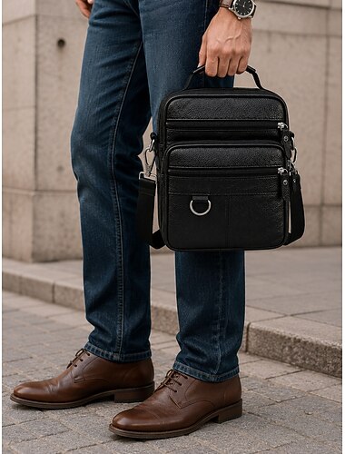  Bolsa transversal masculina de couro, com vários bolsos e zíper, ideal para trabalho, viagens e uso diário.