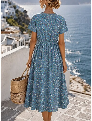  Dames Halflange jurk Zonnejurk Schede jurk Zomerjurk Vakantie Feest Casual Dagelijks Kantoor Strand Normale pasvorm Bloemig Grafisch Korte mouw Strakke ronde hals blauw Blozend Roze Zomer Lente