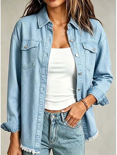  Per donna Camicia Blusa Bottoni Jeans Tinta unica Elegante Vacanza Casual Manica Lunga Colletto a Camicia Top Regolari Casuale Blu marino Azzurro cielo Primavera
