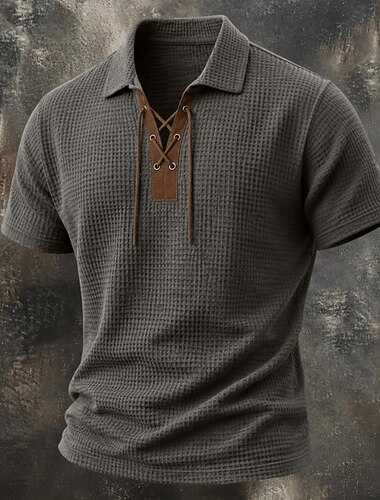 Herren Waffel-Henley-Hemd T-Shirt Kurzarm Umlegekragen Schnürhals Sommer Frühling Ganzjahres Einfarbig Vintage Mode Designer Knöpfe Lässig Täglich Outdoor Schwarz Weiß Blau Top T-Shirt für Herren