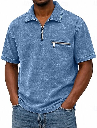  Camisa Masculina SoftFade™ Efeito Descolorido Camisa de Golfe Casual Trabalho Manga Curta Gola Polo Com Zíper Botões Moda Básica Cor Sólida Zíper Botões Verão Primavera Verde Claro Azul Marinho Roxo
