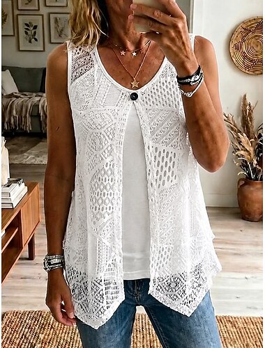 Per donna Canotta Pizzo Semplice Elegante Casual Senza Maniche Girocollo Top Regolari Casuale Quotidiano Bianco Rosa Rosa polverosa Estate Primavera