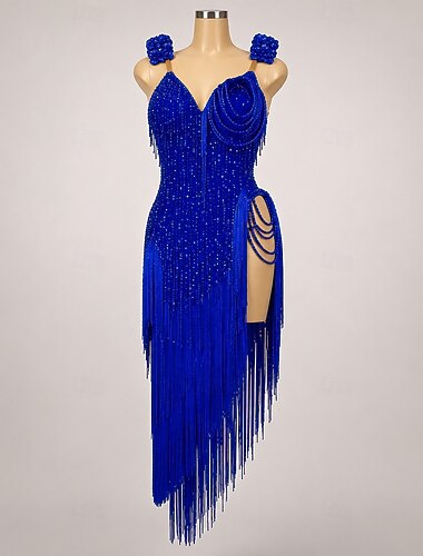  Robe de danse latine bleu roi pour femme - tenue de compétition de salsa à franges richement perlées - accents floraux 3D &strass - robe de scène professionnelle