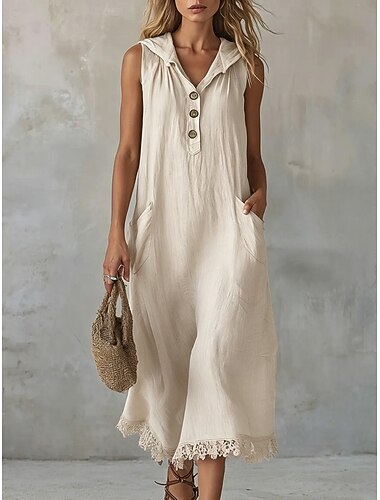  Femmes Robe Midi Robes effet lin Robe en Dentelle Occasionnel Quotidien Coupe Ample Couleur Unie Sans manches À capuche Blanche Noir Rose Claire Été