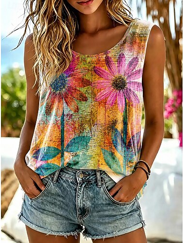  Per donna Canotta Floreale Grafico Vintage Elegante Casual Senza Maniche Girocollo Top Regolari Casuale Quotidiano Abbigliamento da vacanza Blu Giallo Rosa Estate Primavera