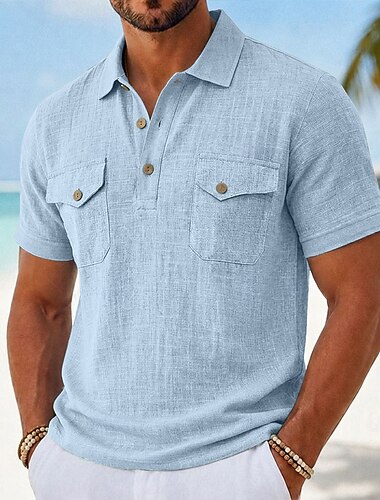  Herren Leinenhemd Poloshirts Lässig Urlaub Klassisch Kurzarm Mode Einfarbig Tasche Knöpfe Sommer Frühling Normale Passform Hellgrün Grün Grau Leicht Blau Leinenhemd