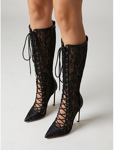 Botas femininas sexy de cano alto em renda preta e tule - sandálias de salto agulha com bico fino e cadarço, perfeitas para baladas e noites com as amigas. &roupa de balada