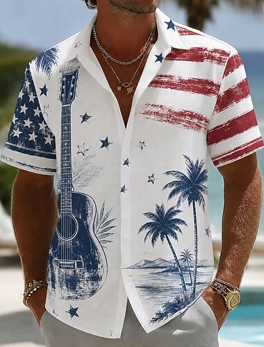  Menns 250-årsjubileum Patriotic Gitar Amerikansk Flagg Kjorte med Knapp Nede Kort Erme Sommerferie Topp