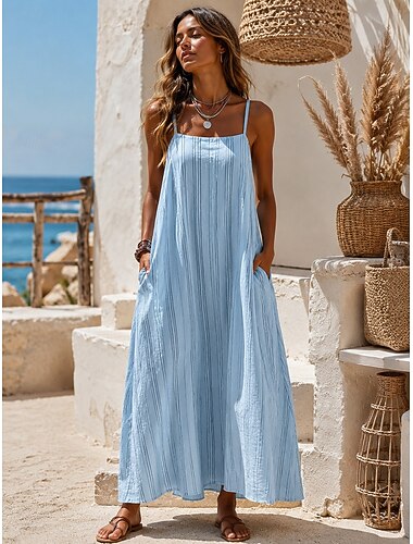  Damen Maxikleid Boho-Kleid Vintage Urlaub Lässiger Schnitt Gestreift Ärmellos Quadrathals Hellblau Weiß Gelb Sommer