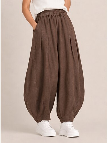  damebukser i lin med medium midje, full lengde, lomme, elastisk linning, vintage grønn kaffe, høst vinter