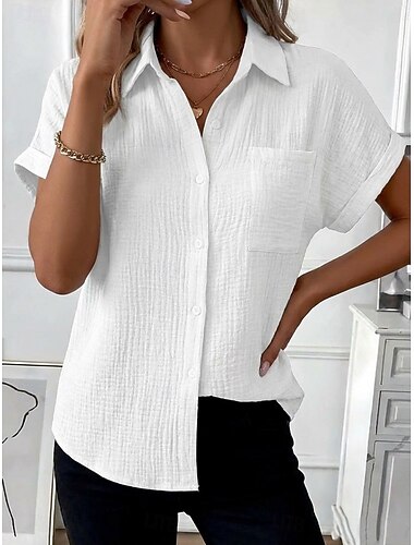  Dames Overhemd Met ruches Textuur Zak Effen Modieus Casual Korte mouw Normale tops Dagelijks Buiten Vakantiekleding Wit Grijs-Groen Zwart Stoffige roos Marineblauw Zomer Lente
