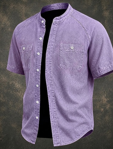  Da uomo Camicia Camicia casual Camicia con Bottoni Camicia 100% cotone lavaggio acido Nero Verde chiaro Rosa Viola Kaki Manica Corta Semplice Colletto alla coreana Casuale Quotidiano Tasca Frontale