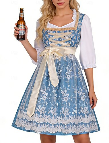  Oktoberfest Dirndl Kjole Dirndl-sett Dirndl bluse Midi-lengde Broderi Hushjelp Tysk Alpint Arv Enger Dame Karneval Ølfestivalen Tradisjonell stil klut