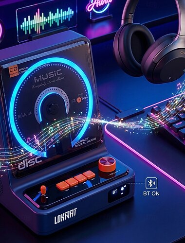  Reproductor de CD Bluetooth vertical Lokmat, reproductor de CD de escritorio retro cyberpunk con luz LED ambiental. &Altavoces integrados, sistema de música portátil para la oficina en casa, un regalo