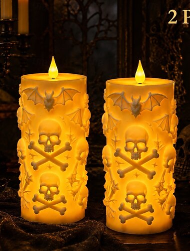  Bougies LED gothiques en forme de crâne (lot de 2), sans flamme, à effet vacillant, avec chauve-souris en relief 3D. Fonctionnent avec des piles AA. Idéales pour décorer une table (chambre, salon,