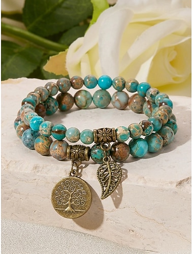  Women's Bohemian Layered Natural Stone Beaded Bracelet Set with Tree of Life and Leaf Charms, Multi-Color 2-Piece Stackable Wrist Jewelry for Daily Wear, Vacation and Gift