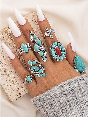  set di anelli turchesi da donna, anelli impilabili in lega d'argento vintage, gioielli boho sud-occidentali western da cowgirl, anelli vistosi con cactus floreali per vacanze, festival e uso