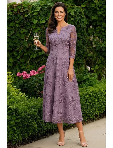  A-Linie Kleid Bodenlang Tee-Länge Spitzenkleid Cocktailkleid Brautmutterkleid Dreiviertelarm Rundhalsausschnitt V Ausschnitt Elegant Einfach Lässig Formell Hochzeitsgast Semi-Formal Spitze mit