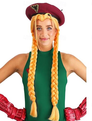  Długa blond peruka z podwójnym warkoczem do cosplayu, kostium postaci z gry walki
